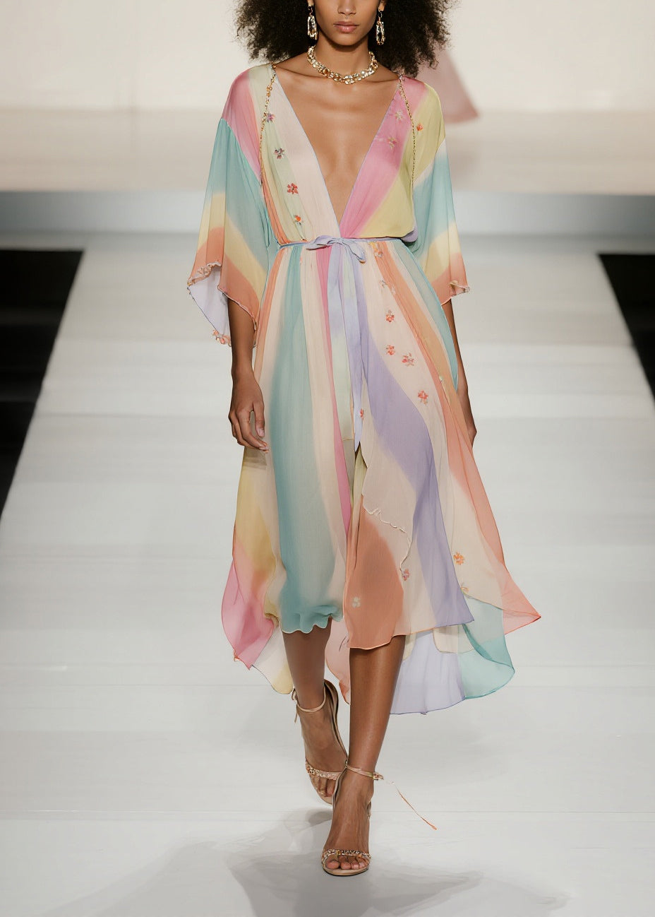 Fine Rainbow Tie Waist Print Chiffon Holiday Dress Summer