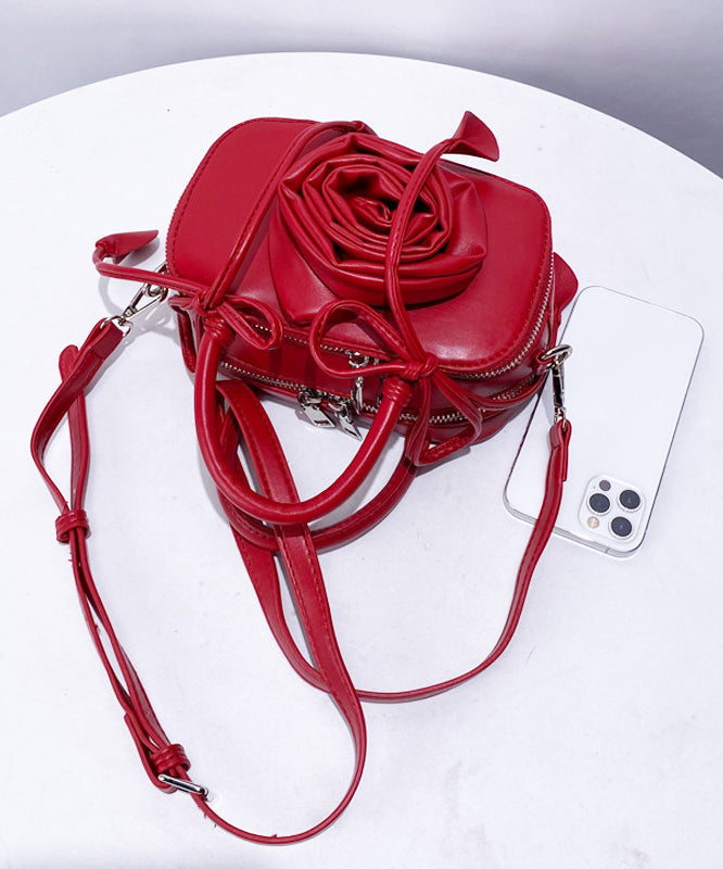 Fine Red 3D Flower Solid Durable Faux Leather Tote Handbag