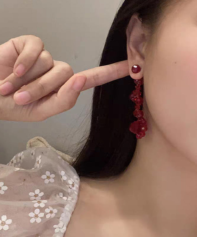 Fine Red Alloy Floral Crystal Pomegranate Drop Earrings