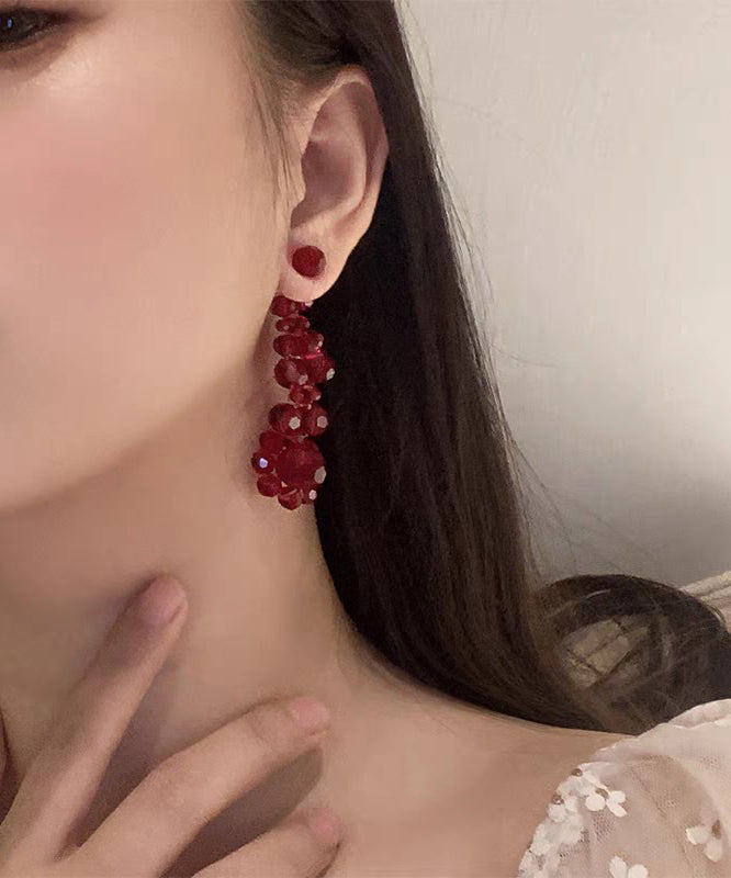 Fine Red Alloy Floral Crystal Pomegranate Drop Earrings