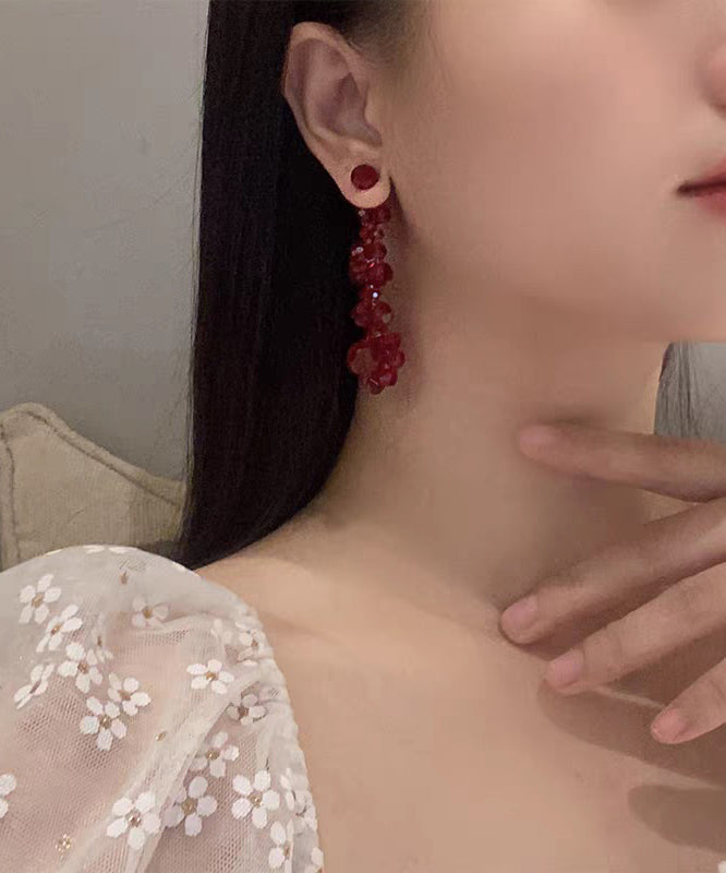 Fine Red Alloy Floral Crystal Pomegranate Drop Earrings