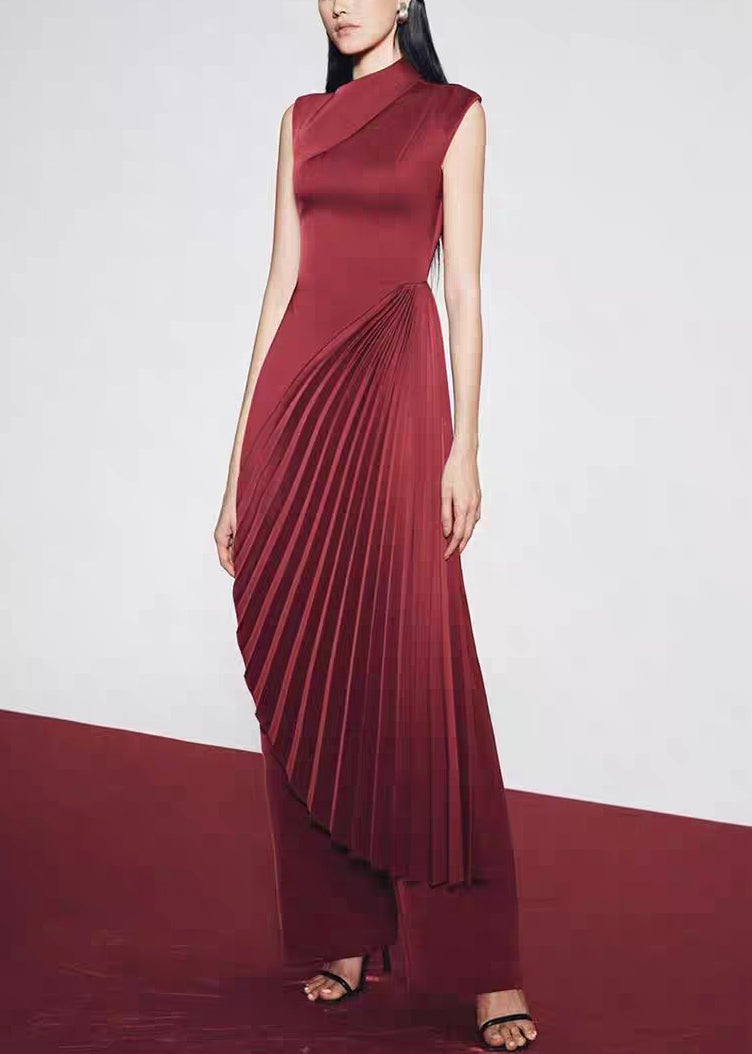Fine Red Asymmetrical Wrinkled Silk Long Dress Sleeveless
