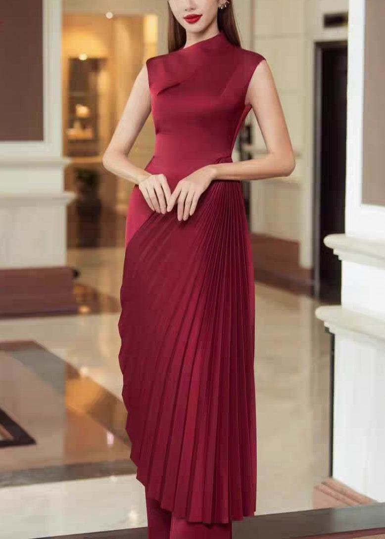 Fine Red Asymmetrical Wrinkled Silk Long Dress Sleeveless