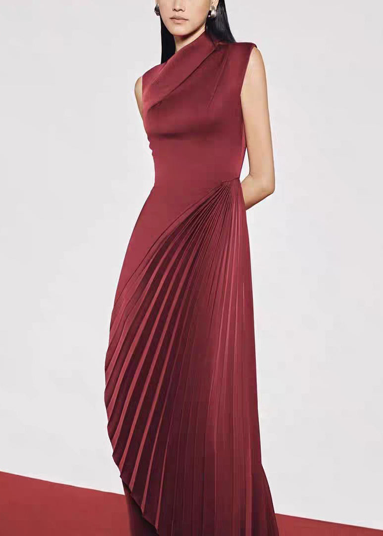 Fine Red Asymmetrical Wrinkled Silk Long Dress Sleeveless