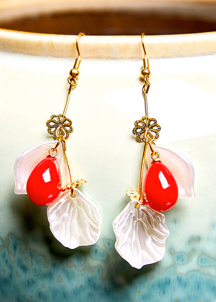 Fine Red Droplet Shape Coral And Shell Drop Earrings - Omychic