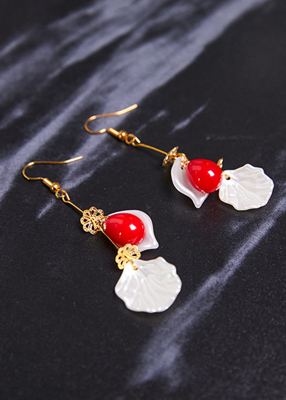 Fine Red Droplet Shape Coral And Shell Drop Earrings - Omychic