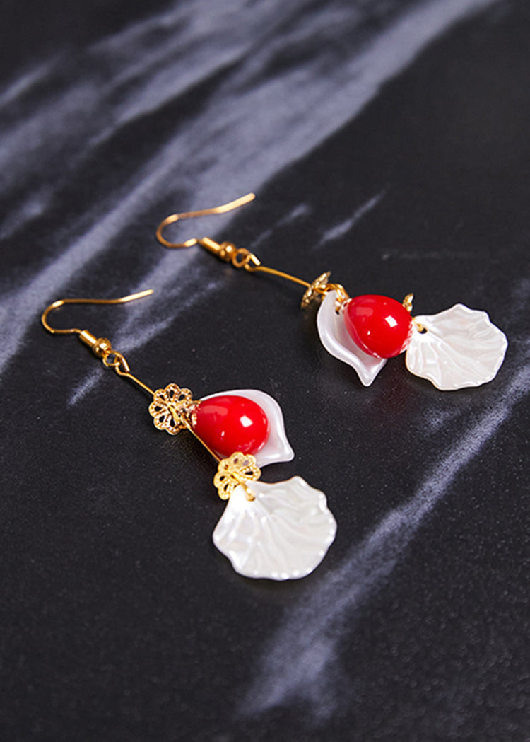 Fine Red Droplet Shape Coral And Shell Drop Earrings - Omychic