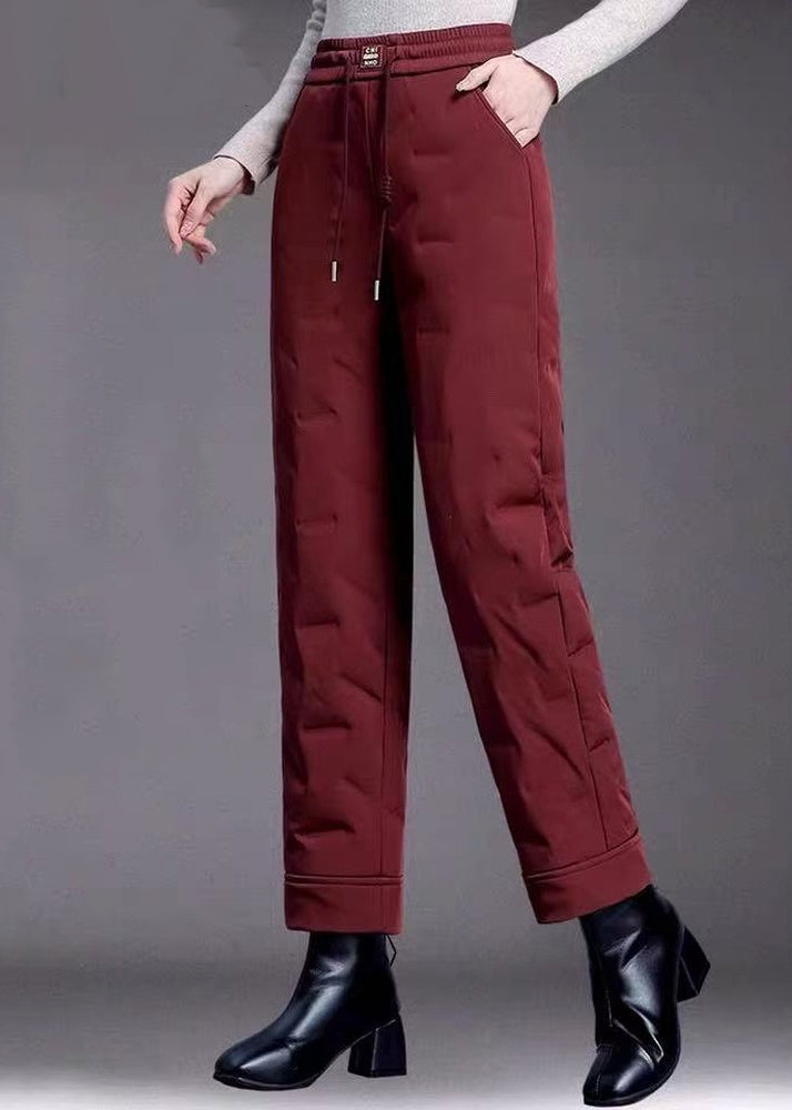 Fine Red Pockets Elastic Waist Duck Down Filled Straight Pants Winter