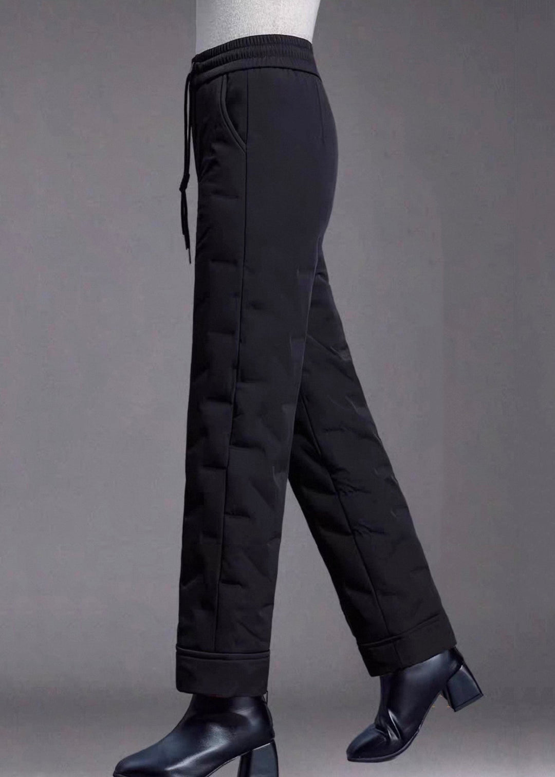 Fine Red Pockets Elastic Waist Duck Down Filled Straight Pants Winter