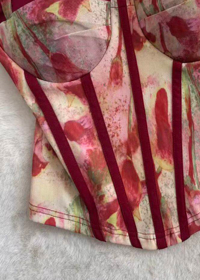 Fine Red Print Tulle Bustier Top Summer
