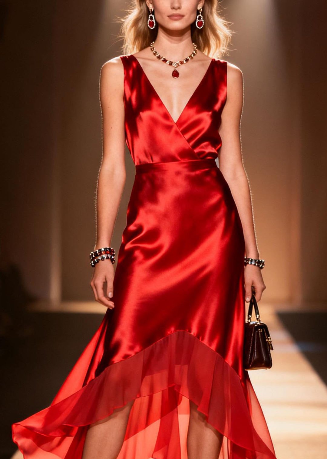Fine Red V Neck Ruffled Patchwork Silk Dress Sleeveless