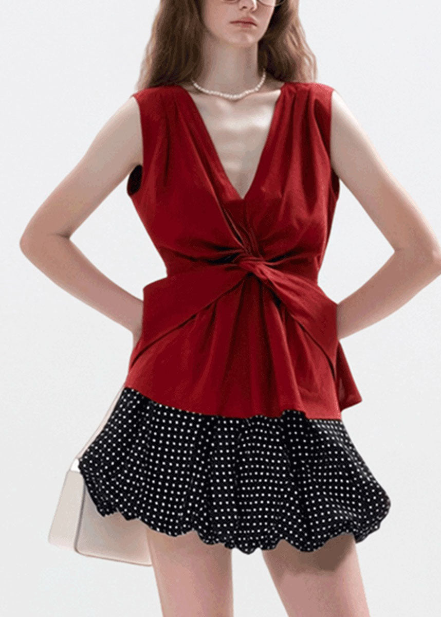 Fine Red V Neck Wrinkled Cotton T Shirts Sleeveless