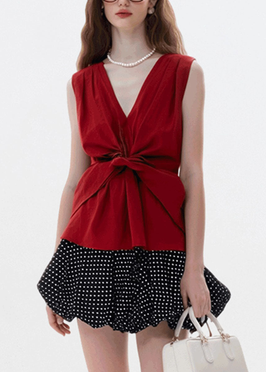 Fine Red V Neck Wrinkled Cotton T Shirts Sleeveless