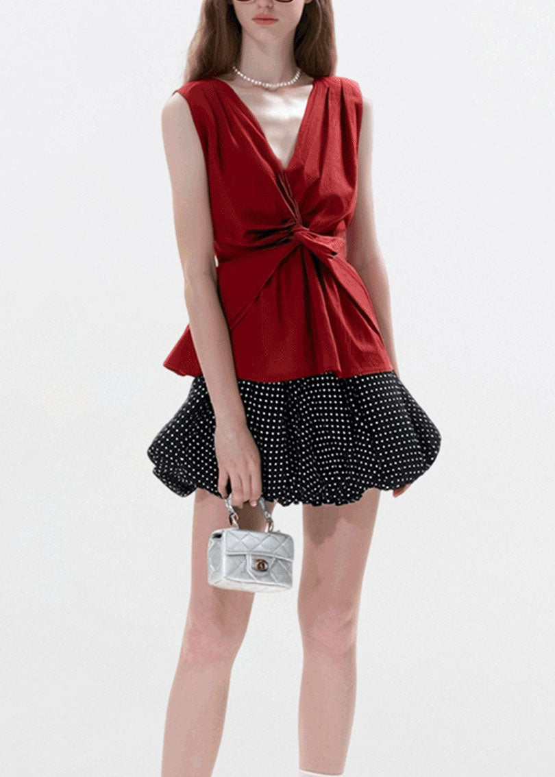 Fine Red V Neck Wrinkled Cotton T Shirts Sleeveless