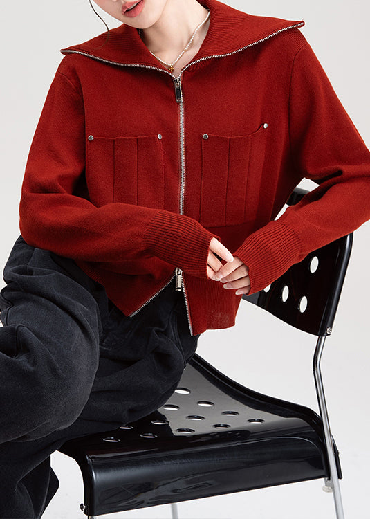Fine Red Zip Up Peter Pan Collar Knit Cardigans Winter