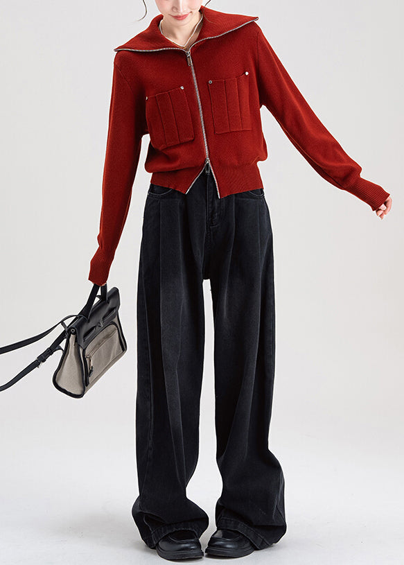 Fine Red Zip Up Peter Pan Collar Knit Cardigans Winter
