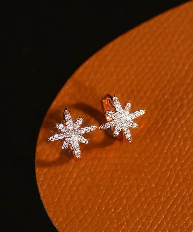 Fine Rose Copper Alloy Zircon Eight-Pointed Star Hoop Earrings