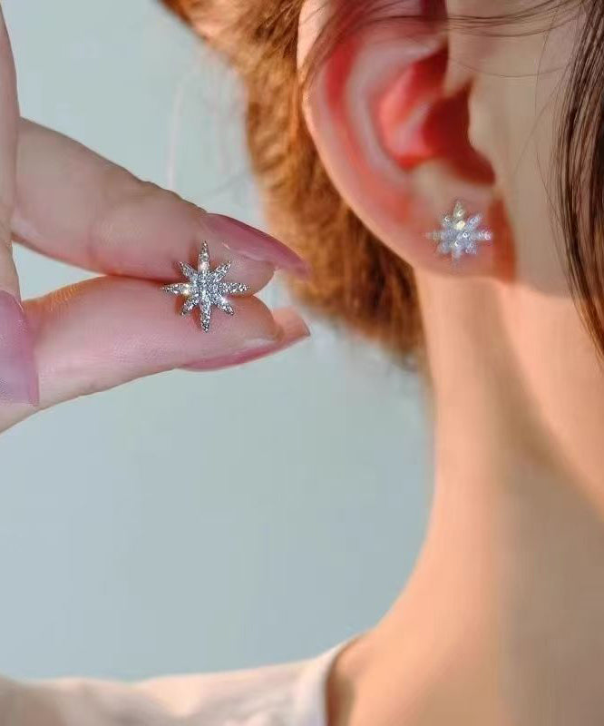 Fine Rose Copper Alloy Zircon Eight-Pointed Star Hoop Earrings