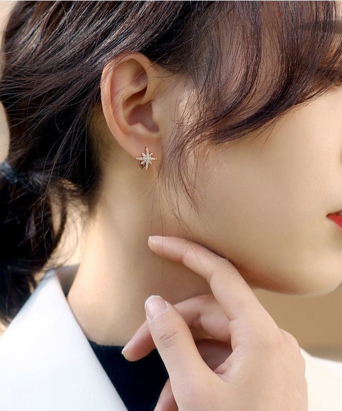 Fine Rose Copper Alloy Zircon Eight-Pointed Star Hoop Earrings