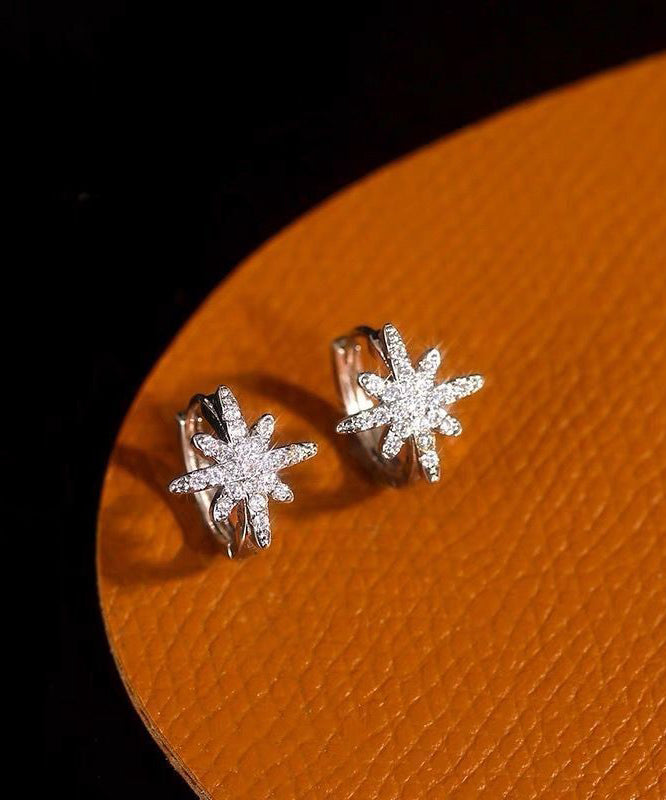 Fine Rose Copper Alloy Zircon Eight-Pointed Star Hoop Earrings