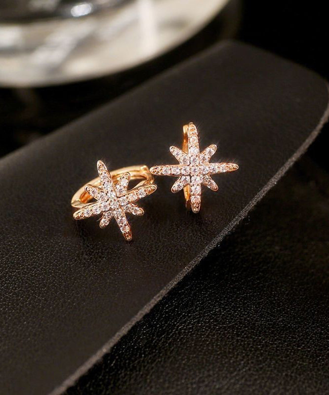 Fine Rose Copper Alloy Zircon Eight-Pointed Star Hoop Earrings