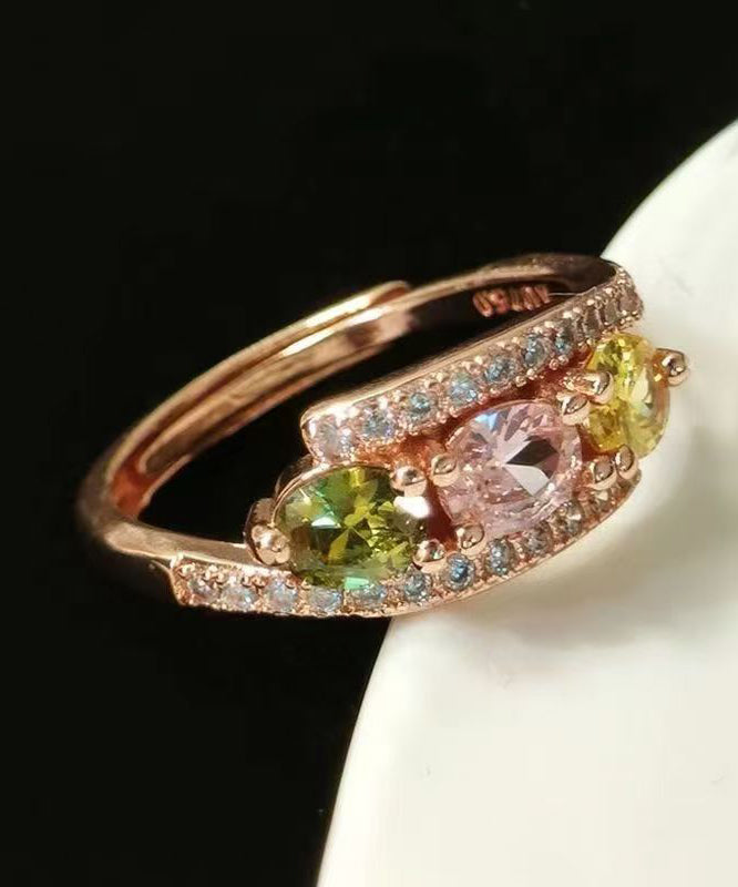 Fine Rose Gold Sterling Silver Overgild Zircon Gem Stone Open Rings