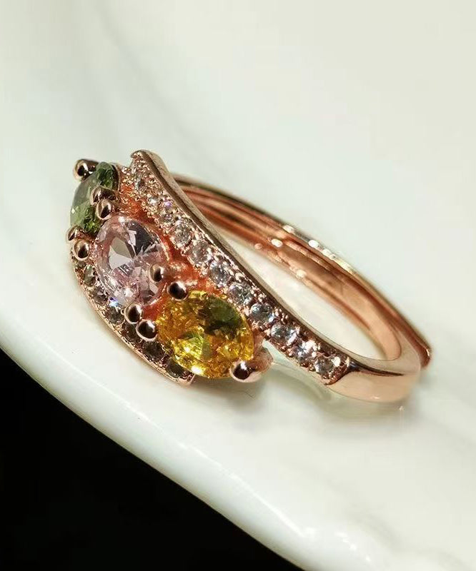 Fine Rose Gold Sterling Silver Overgild Zircon Gem Stone Open Rings