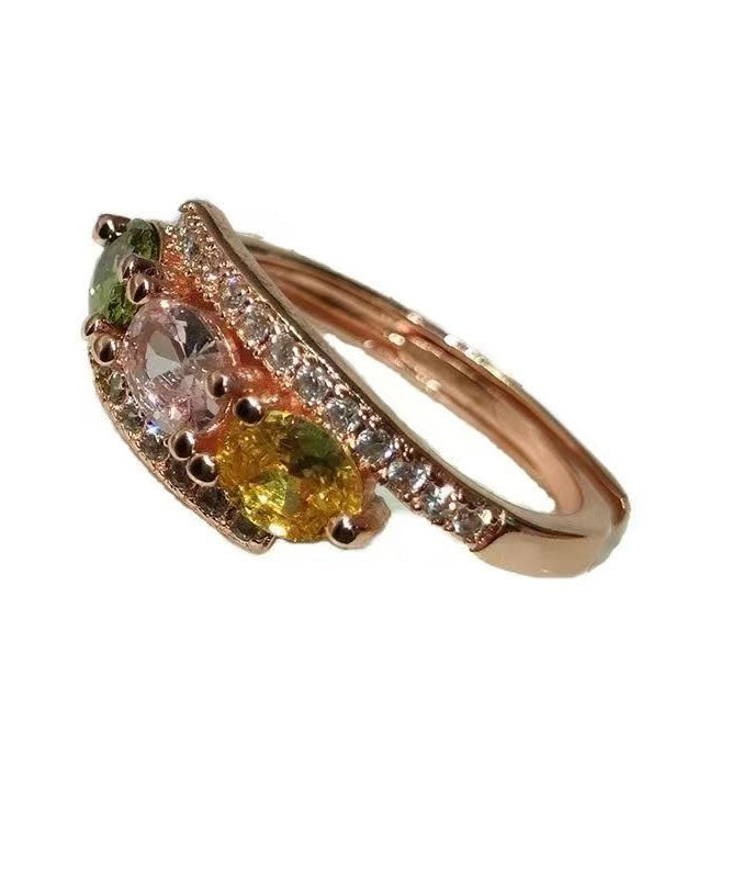 Fine Rose Gold Sterling Silver Overgild Zircon Gem Stone Open Rings