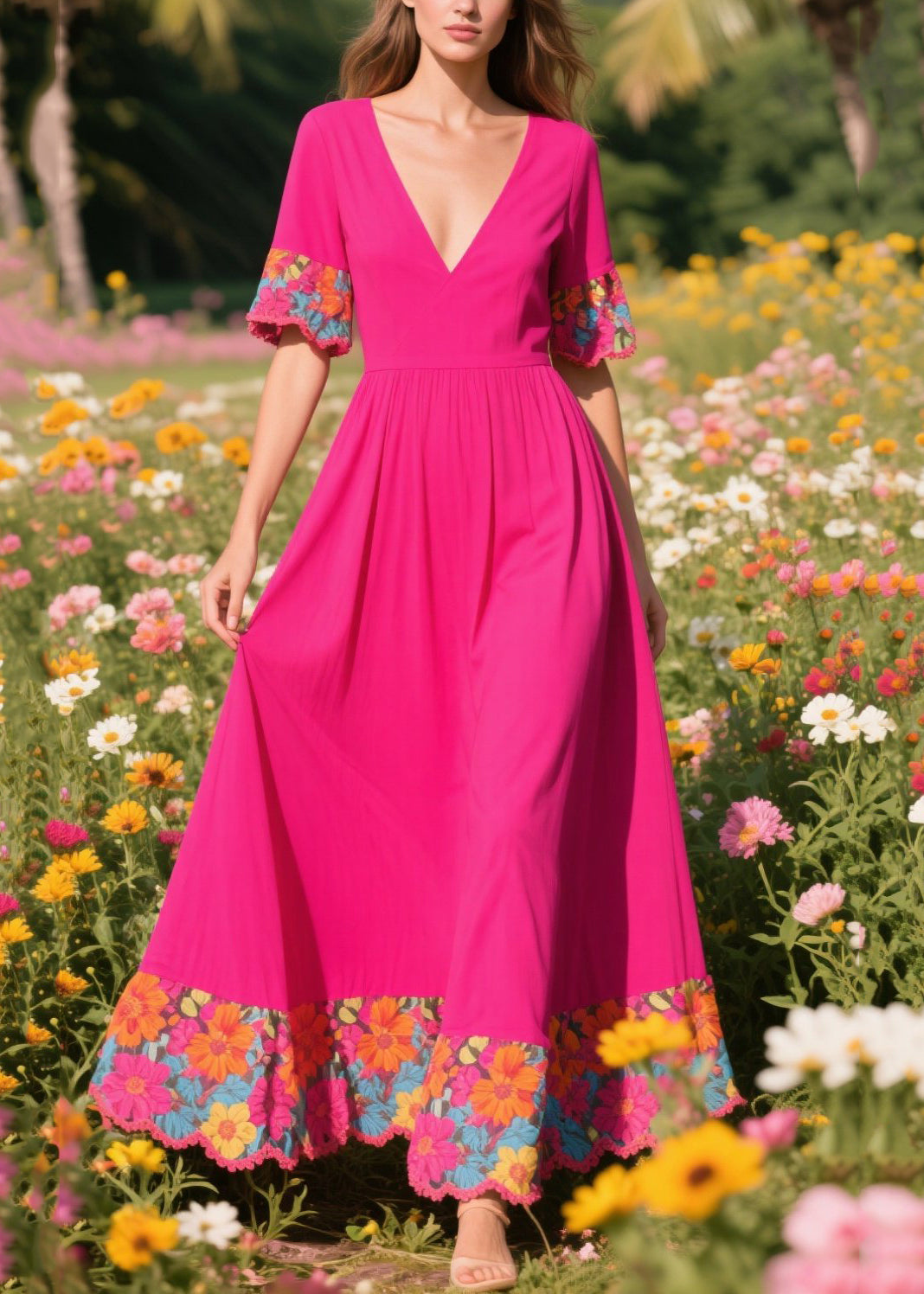 Fine Rose Patchwork Exra Large Hem Cotton Vacation Dresses Summer