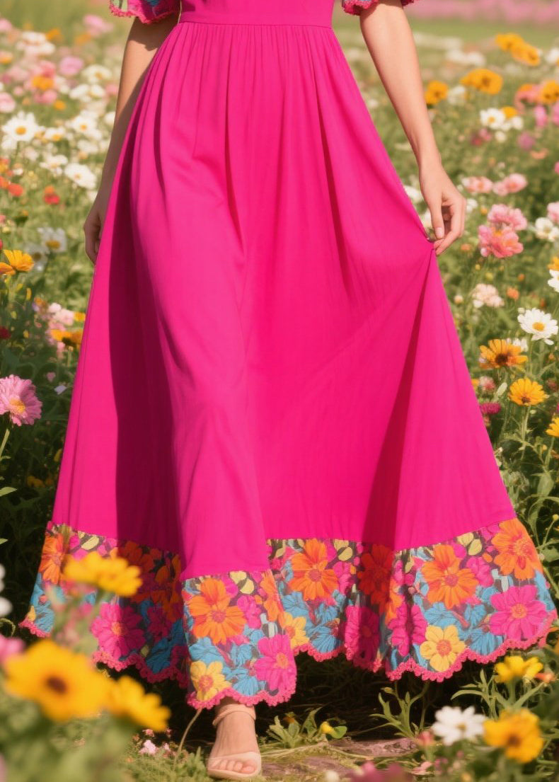 Fine Rose Patchwork Exra Large Hem Cotton Vacation Dresses Summer