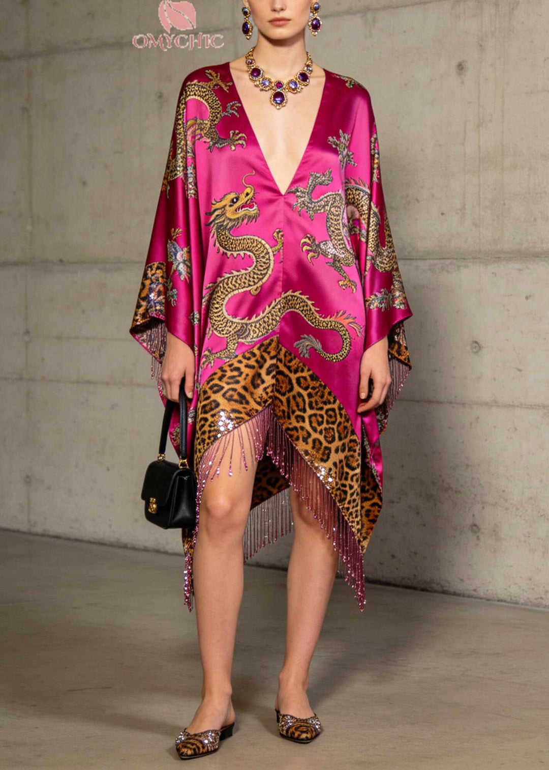 Fine Rose Tasseled Print Silk Dress Batwing Sleeve