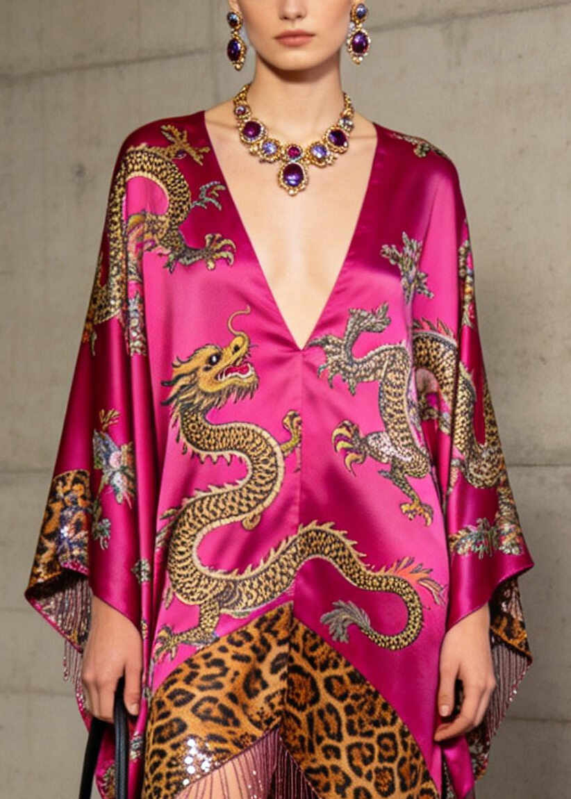 Fine Rose Tasseled Print Silk Dress Batwing Sleeve