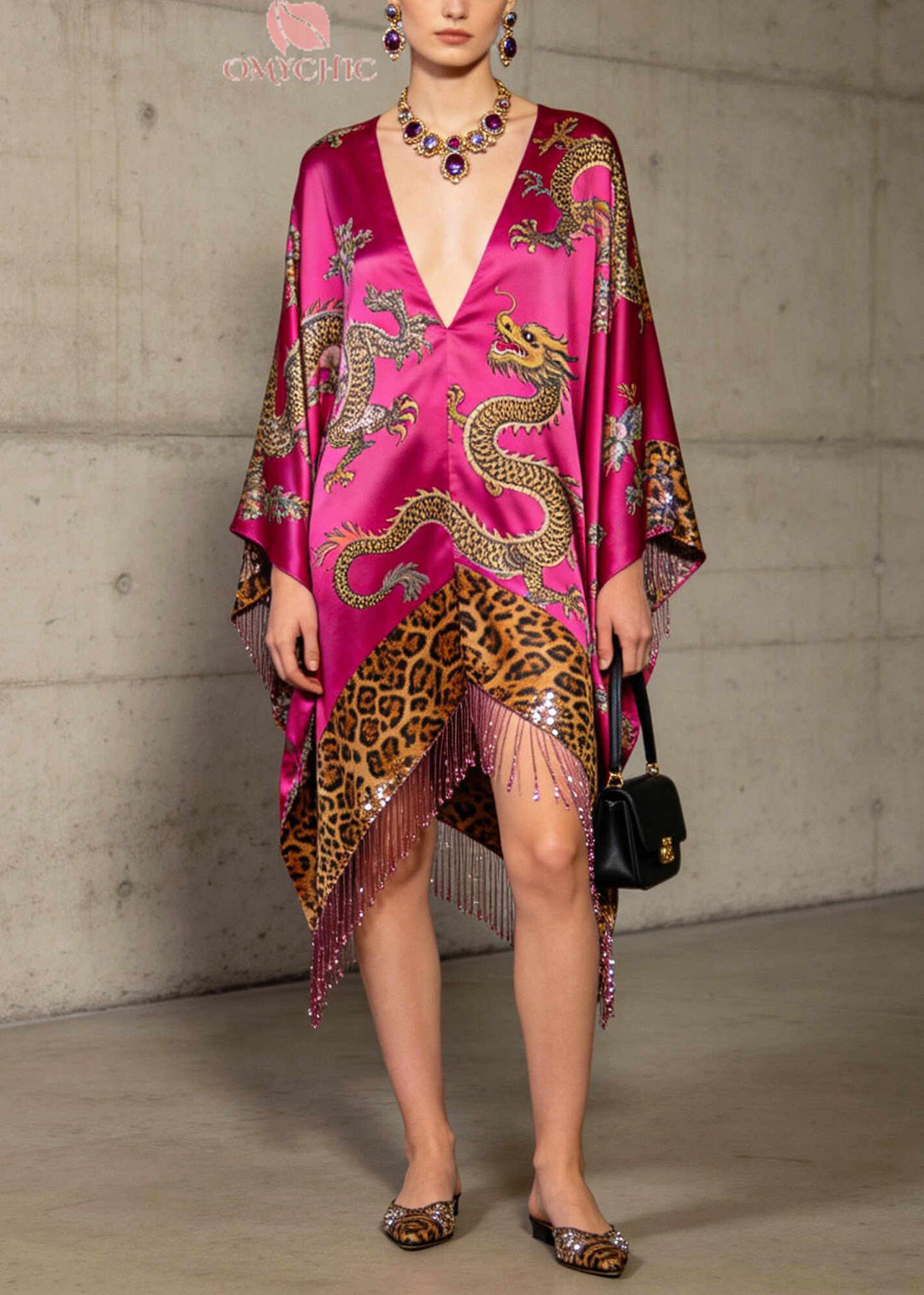 Fine Rose Tasseled Print Silk Dress Batwing Sleeve