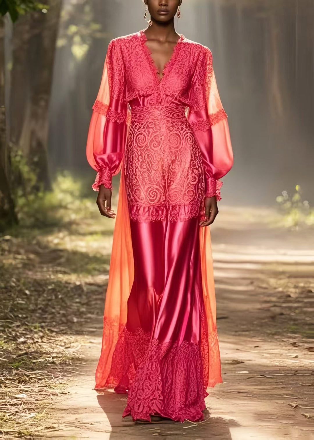 Fine Rose V Neck Patchwork Lace Silk Vestidos Dress Spring
