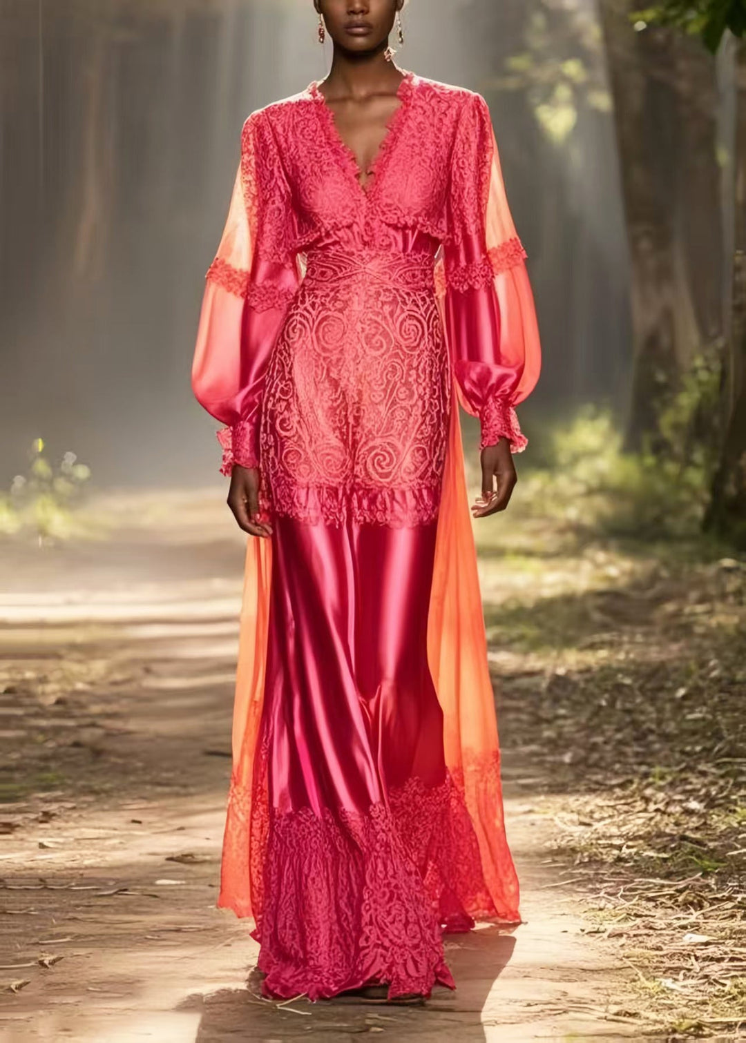 Fine Rose V Neck Patchwork Lace Silk Vestidos Dress Spring