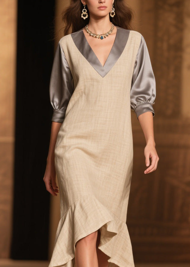 Fine Ruffled Asymmetrical Design Patchwork Linen Silk Dress Summer