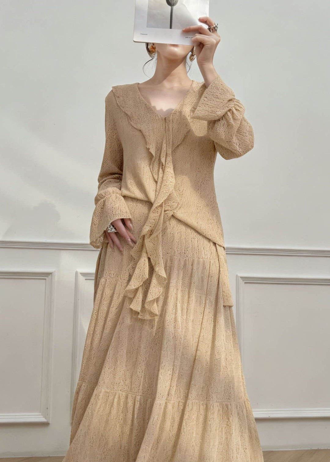 Fine Ruffled Top And Skirts Cotton Two Pieces Set Spring