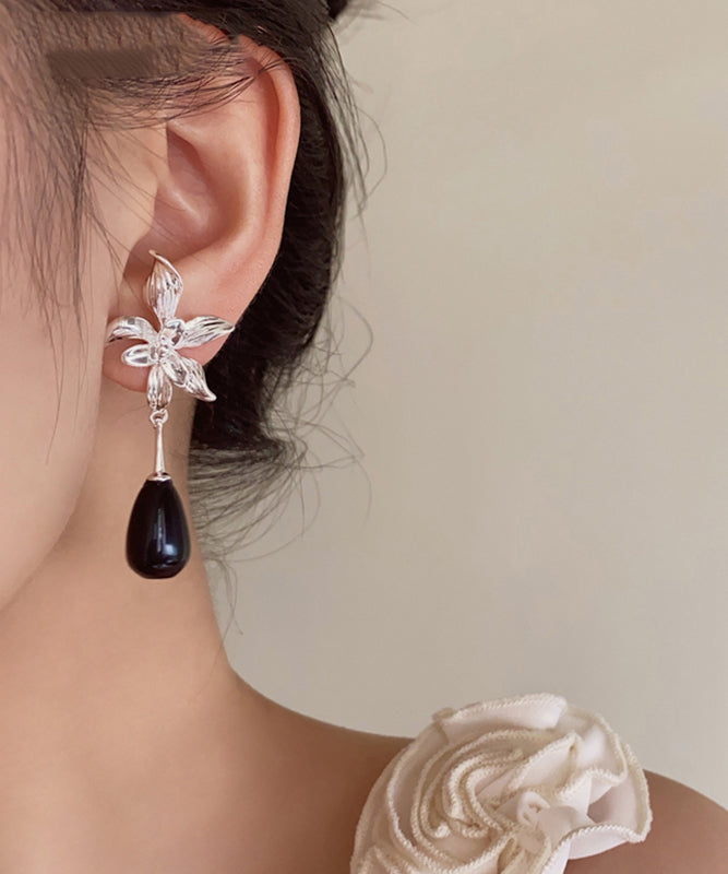 Fine Silk Alloy Resin Floral Water Drop Drop Earrings