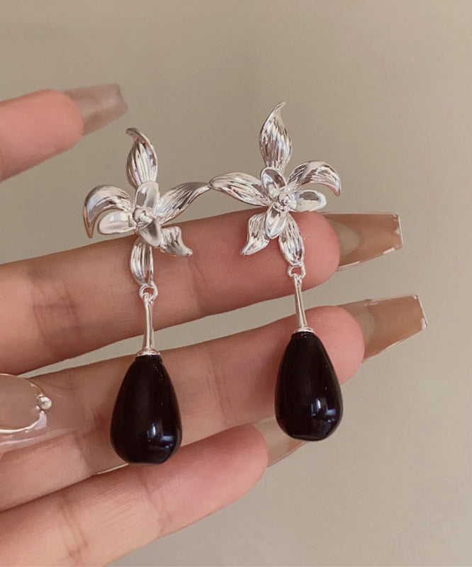 Fine Silk Alloy Resin Floral Water Drop Drop Earrings