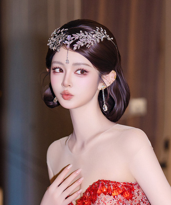 Fine Silk Alloy Zircon Leaf A Pair HairPiece And Drop Earrings Two-Piece Set