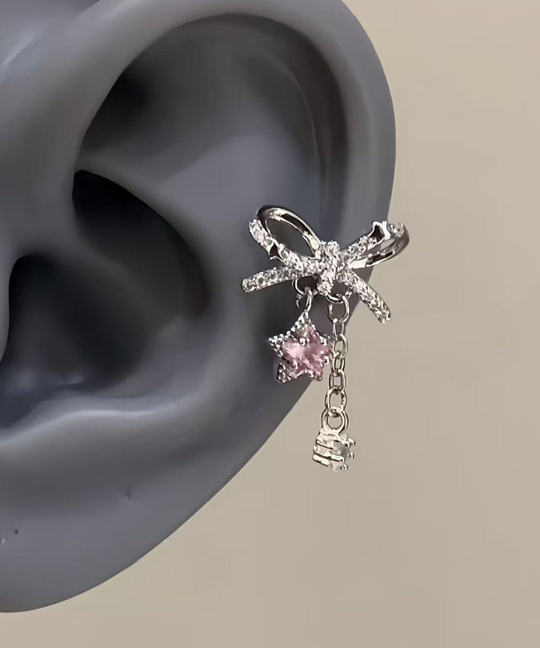 Fine Silk Copper Alloy Zircon Bow Pentagram Drop Earrings