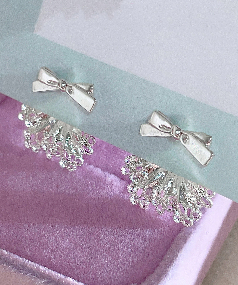 Fine Silk Copper Alloy Zircon Lace Bow Stud Earrings