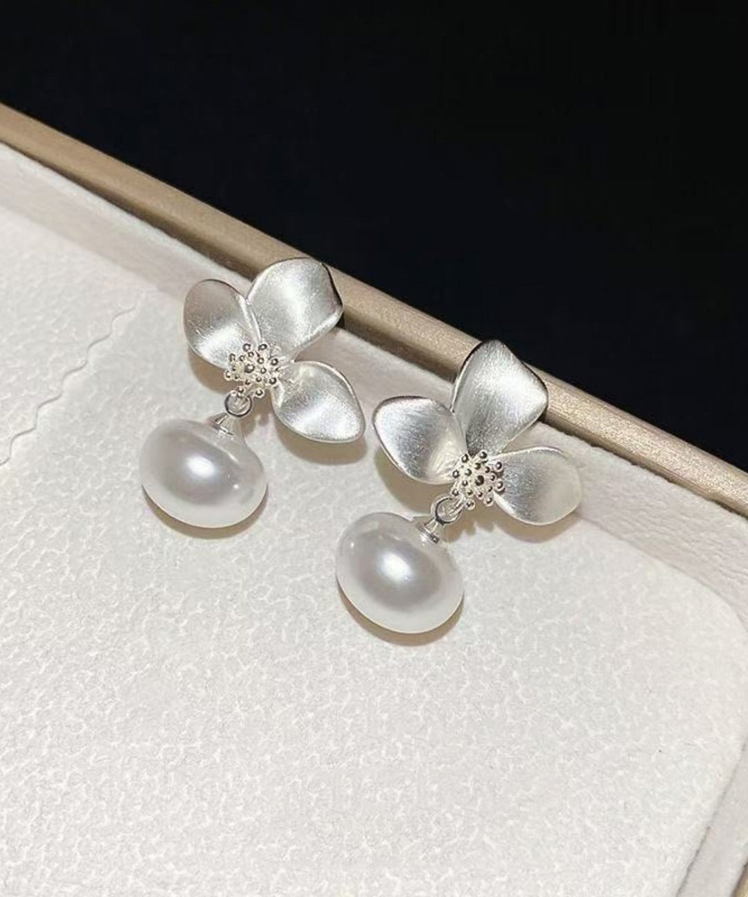Fine Silk Copper Overgild Floral Pearl Drop Earrings