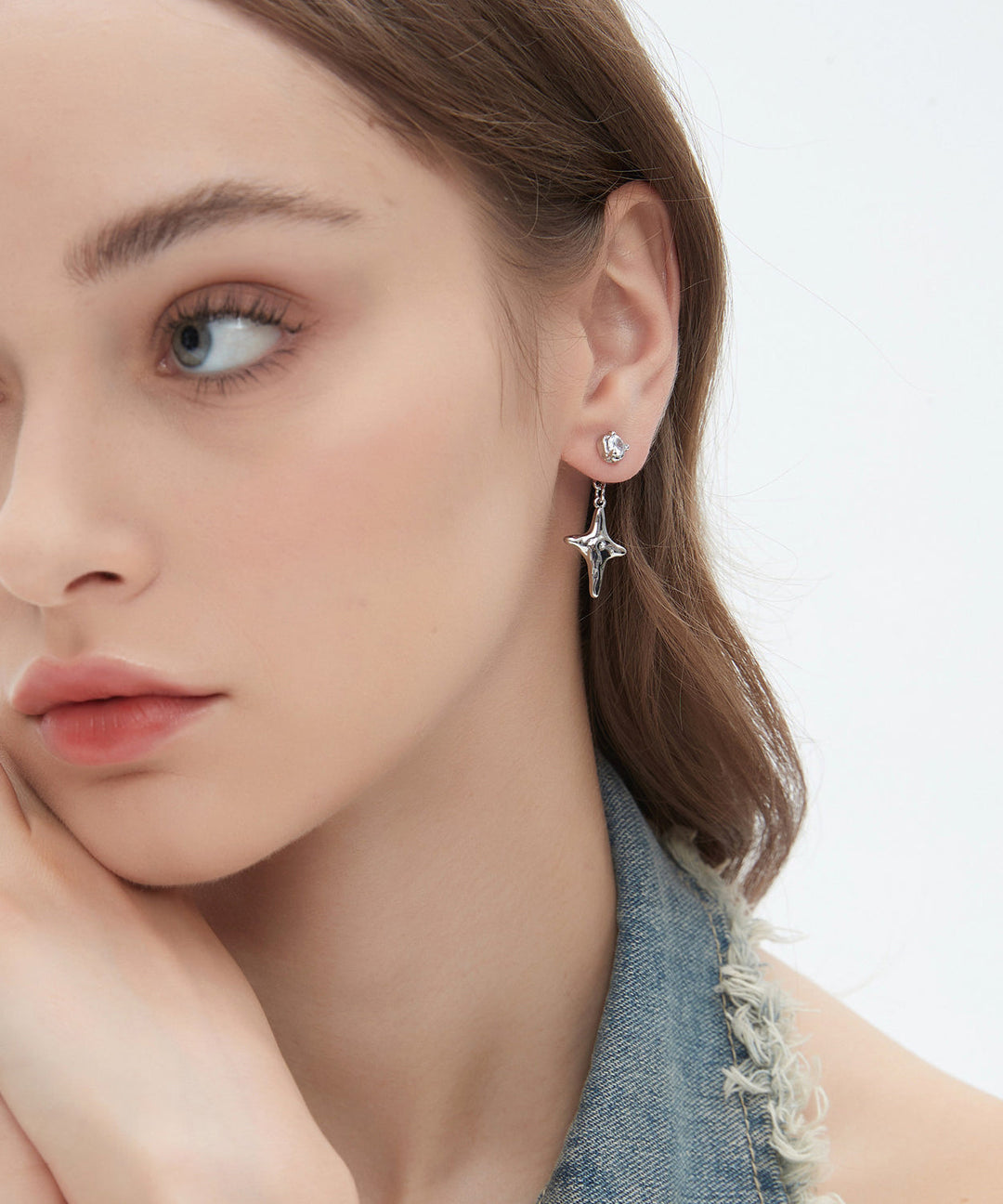 Fine Silk Copper Overgild Zircon Eight-Pointed Star Drop Earrings