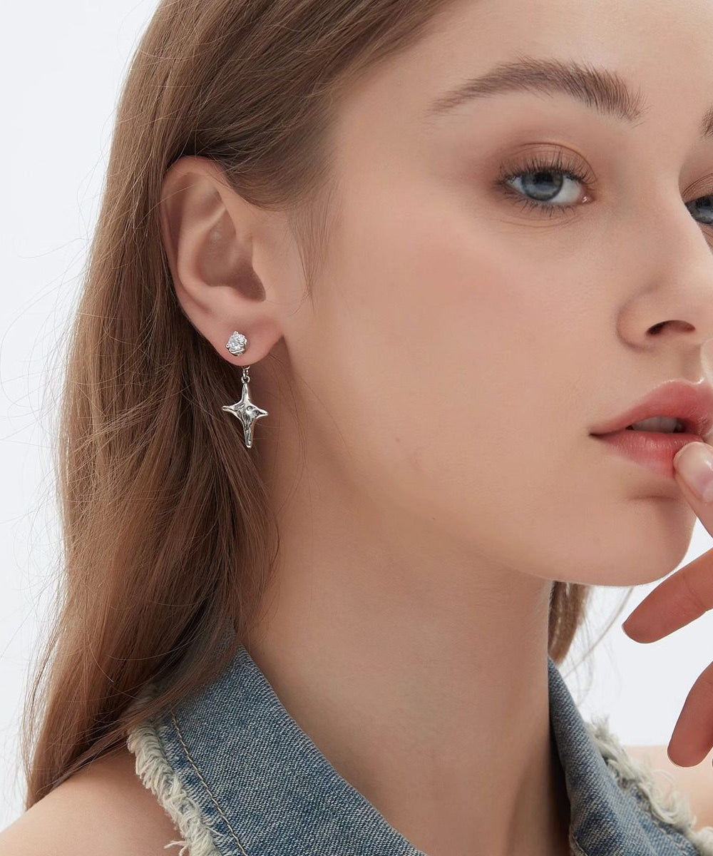 Fine Silk Copper Overgild Zircon Eight-Pointed Star Drop Earrings