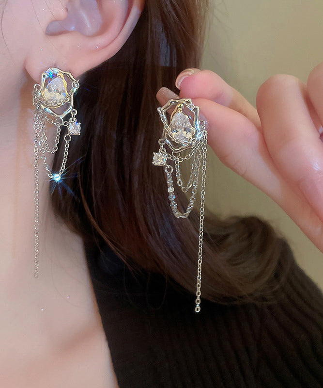 Fine Silk Copper Zircon Water Drop Tassel Drop Earrings