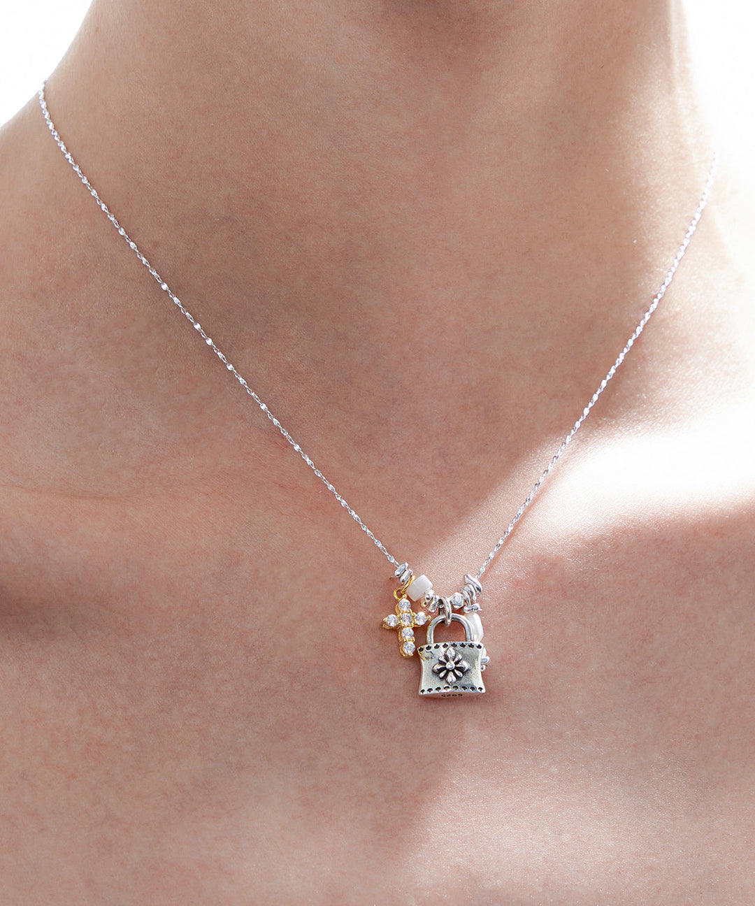 Fine Silk Cross Small Lock Pendant Adjustable Silver Necklace