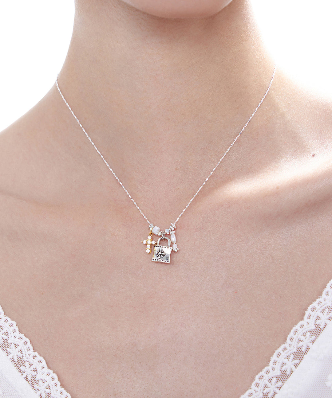 Fine Silk Cross Small Lock Pendant Adjustable Silver Necklace