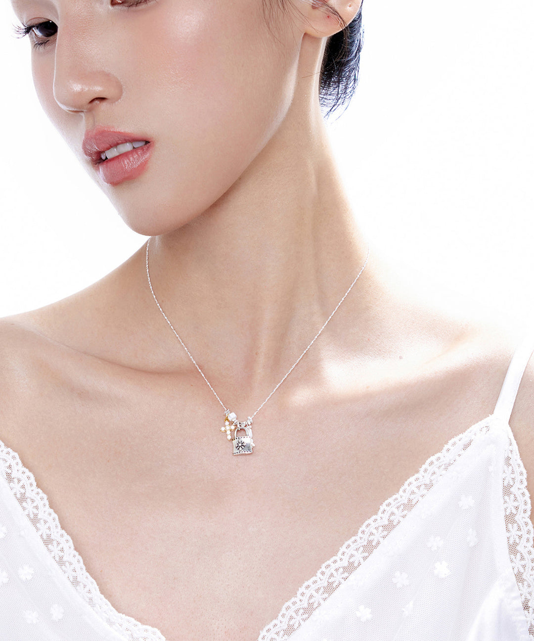 Fine Silk Cross Small Lock Pendant Adjustable Silver Necklace