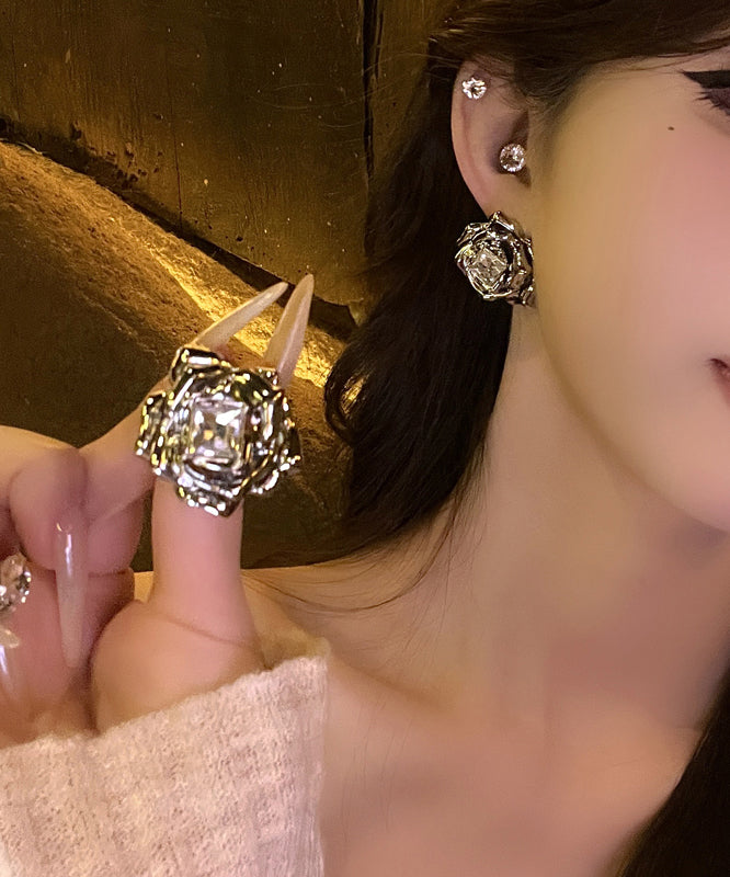 Fine Silk Metal Zircon Rose Stud Earrings